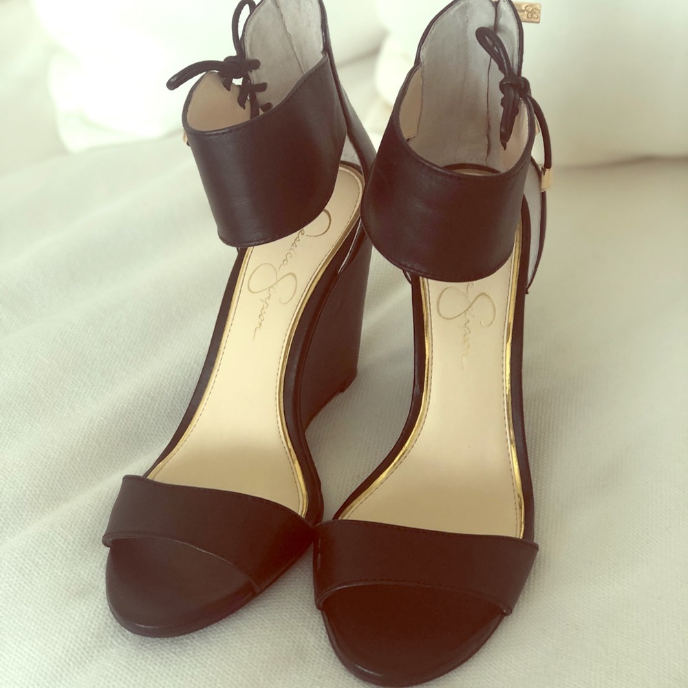 Jessica Simpson black leather wedges